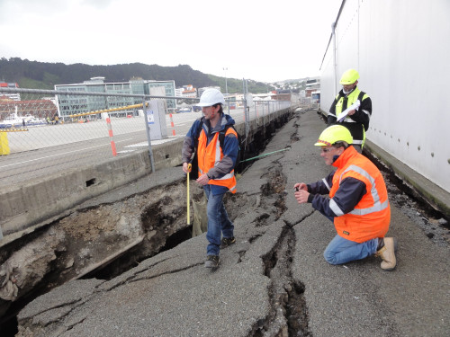 Professor Misko Cubrinovski, right, and his team investigate the impact of liquefaction after the 2016 Kaikōura earthquake on the Wellington waterfront