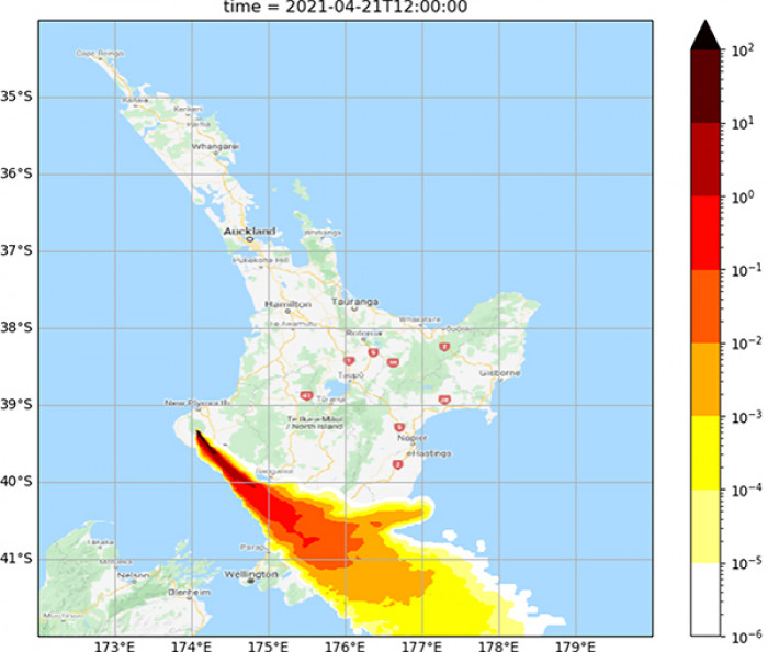 Map with modelled data of ashfall from an eruption of Mt Taranaki