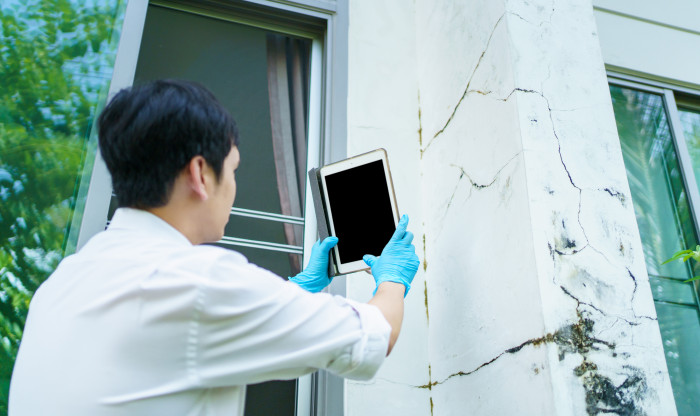 Man uses ipad to take photos of cracking on the cladding of a house