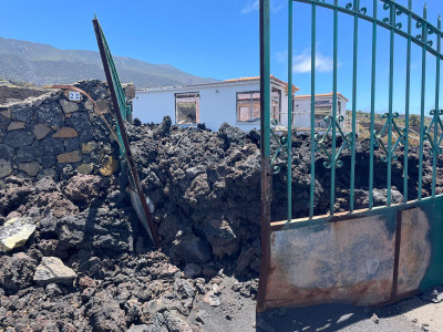 Building surrounded by lava flows