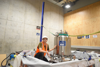 Ehsan doing testing on a fluid storage tank