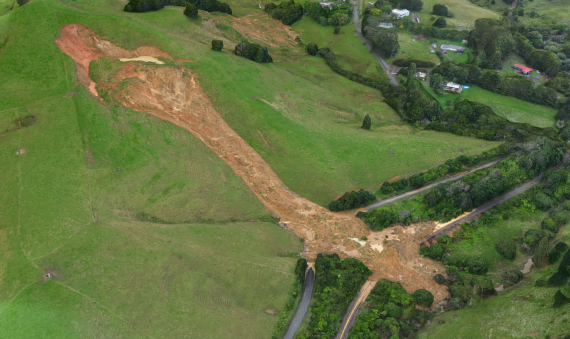 top down view of landslide washing out two roads in rural New Zealand